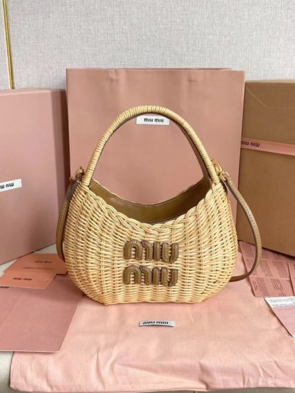 Miu Miu Natural Rattan Woven Mini Hobo Shoulder Bag